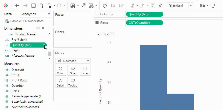tableau - 16 - bin size