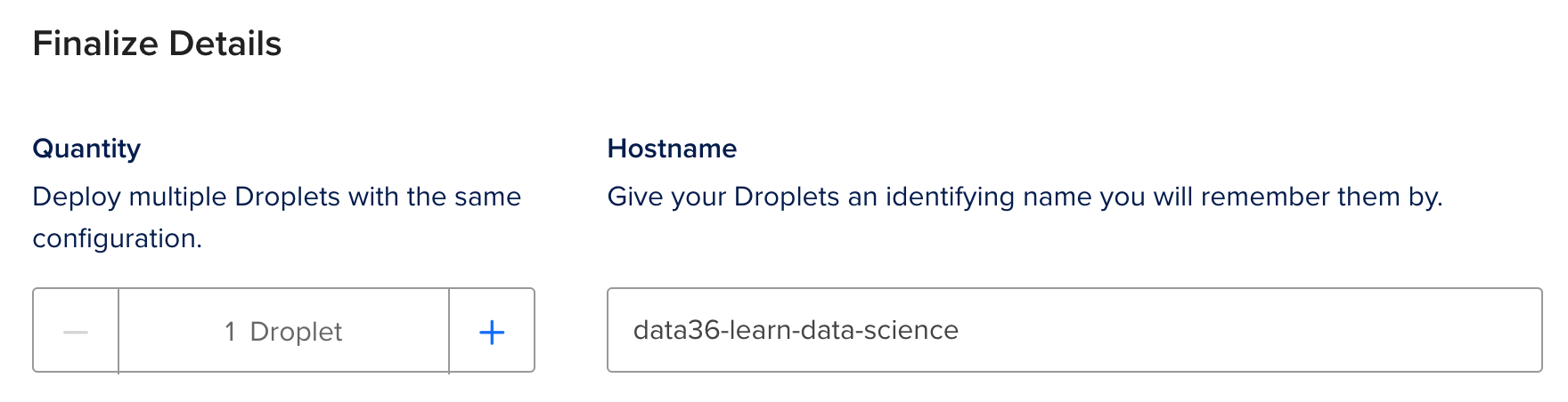finalize details host name quantity droplet digital ocean
